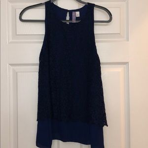 Navy Blue Sleeveless Blouse with Lace Overlay